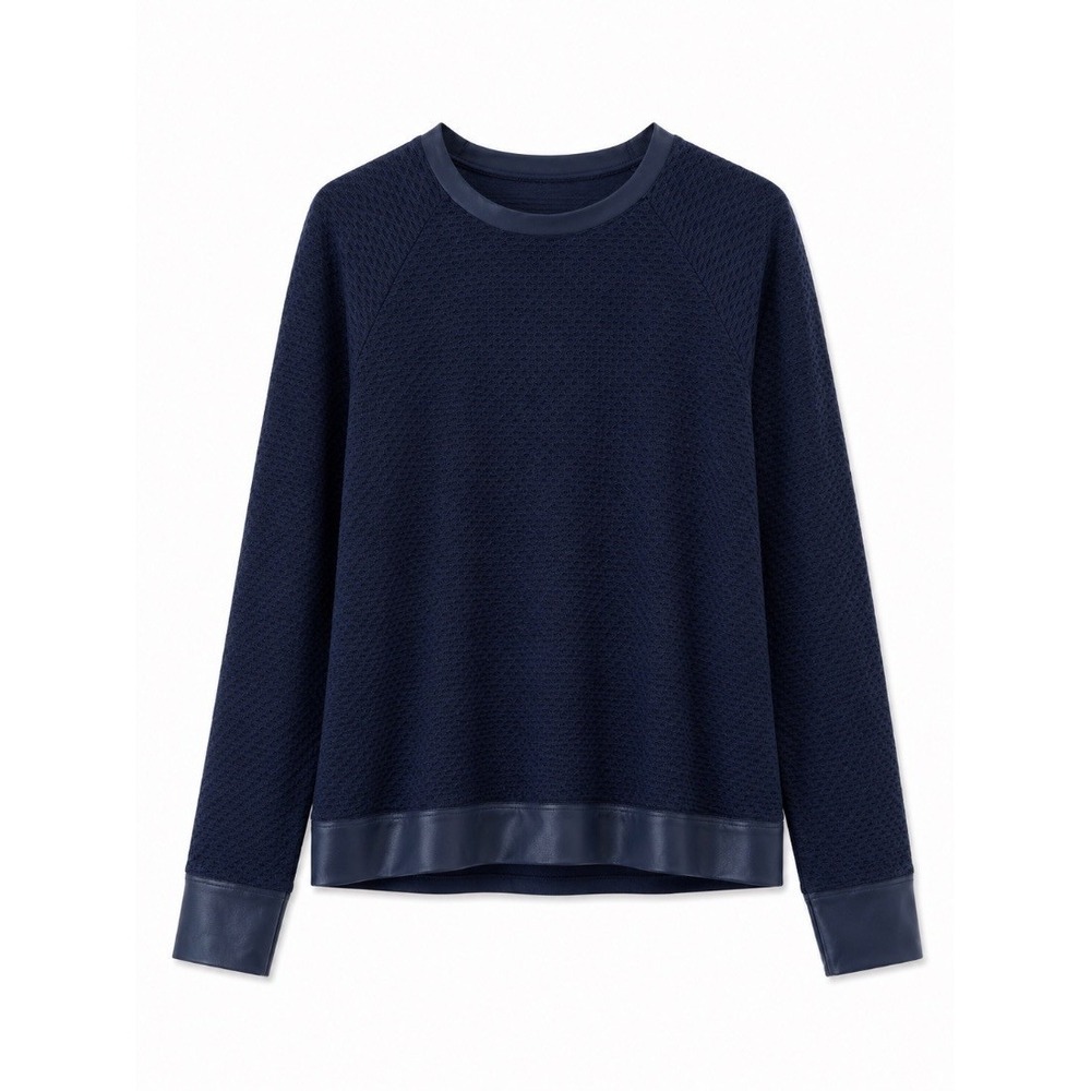 Koral Womens Navy Blue Textured Pullover‎ Sweatshirt Faux Leather Trim Size M